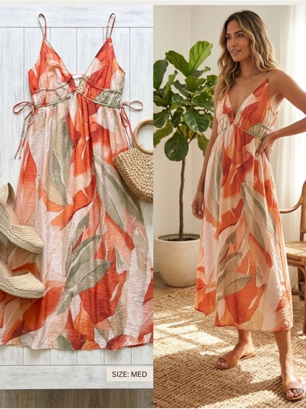 H&M Orange Floral Maxi Dress with Green Leaves